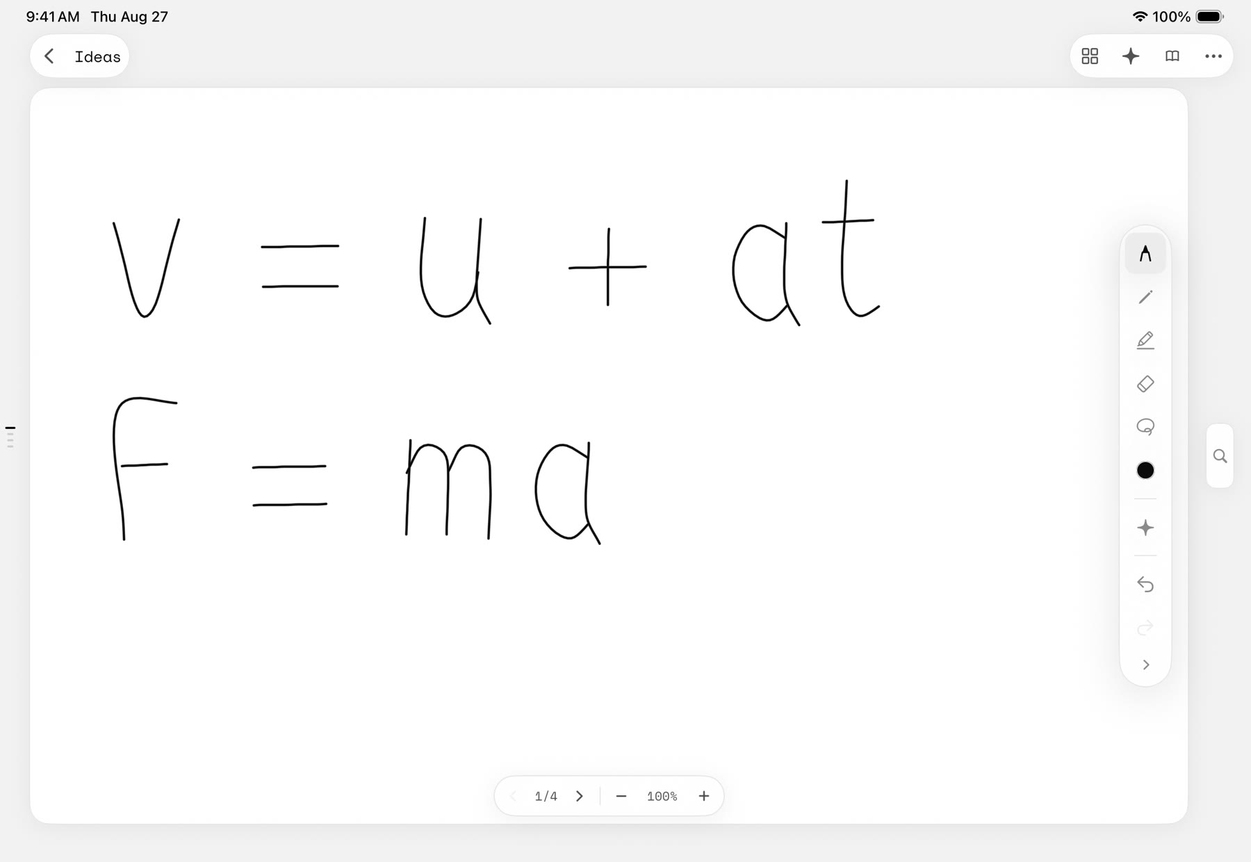 Handwritten physics equations on a Glyph page: v = u + at and F = ma