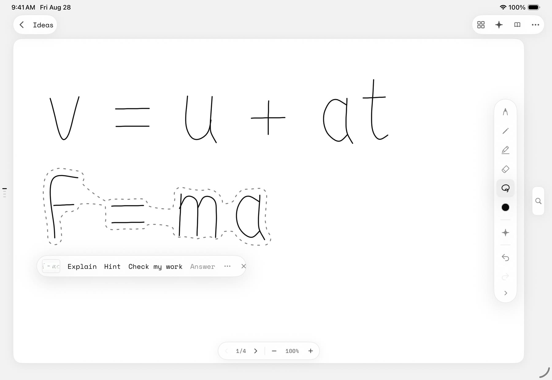 A lasso around F = ma with the Explain, Hint, Check my work capsule beneath it