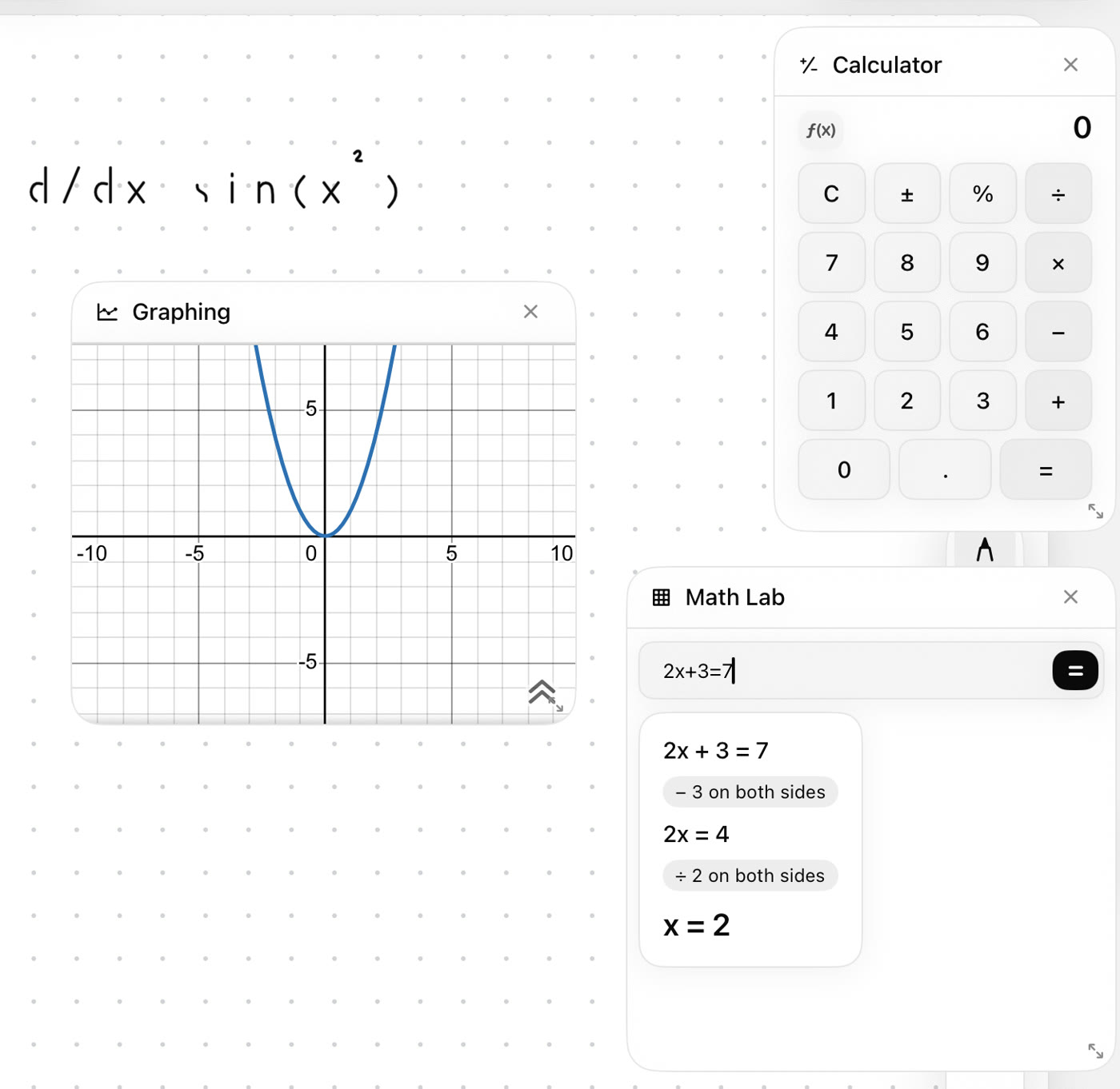 Graphing, calculator and Math Lab widgets floating over a handwritten page