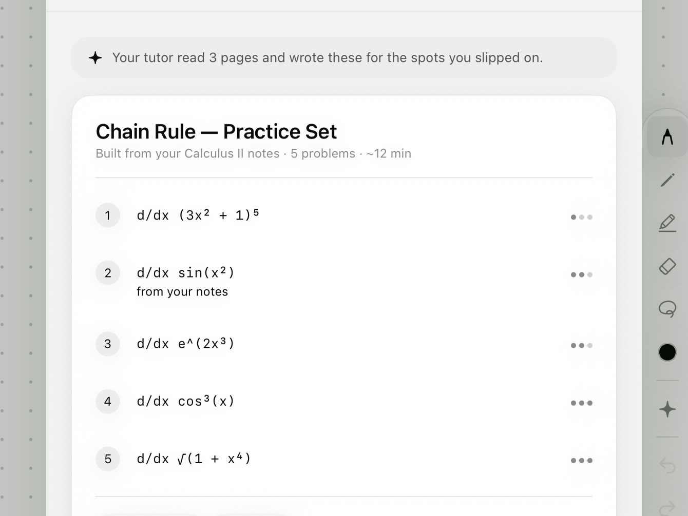 A chain rule practice set the tutor wrote from three pages of notes