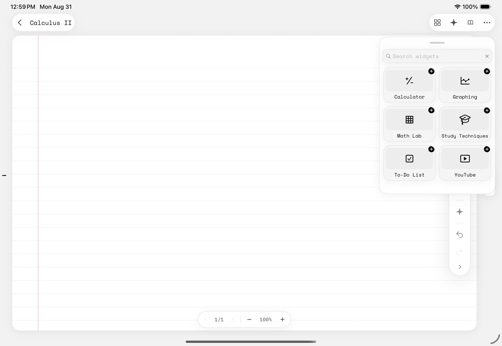 Widget picker over a ruled notebook page